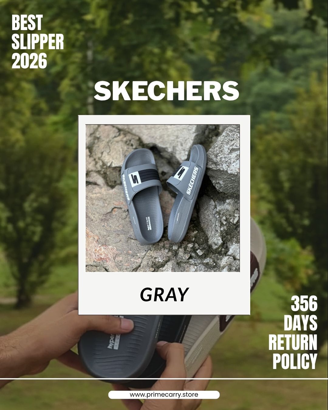 Prime Carry Skecher slide slipper in black featuring comfortable slip-on design and cushioned sole.