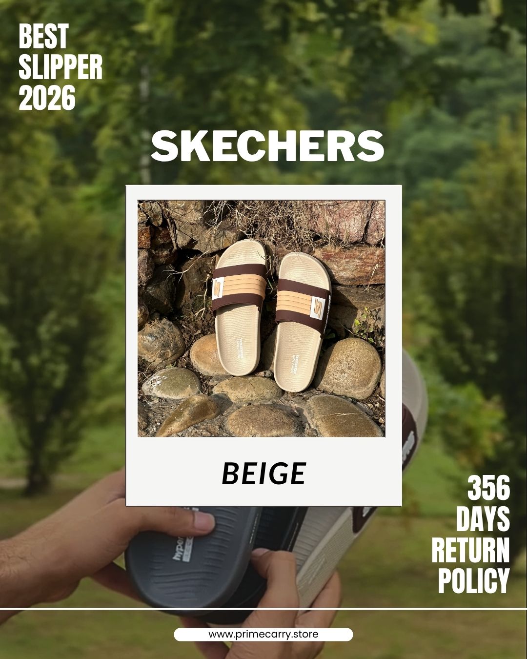 Prime Carry Skecher slide slipper featuring a comfortable open-toe design and casual slip-on style.