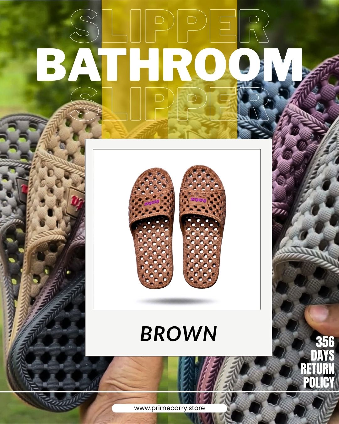 Prime Carry bathroom slipper with soft fabric straps and rubber sole, ideal for comfortable indoor use.
