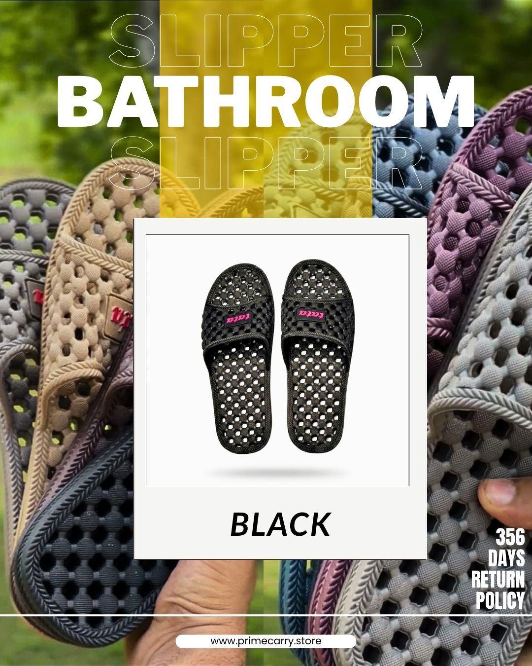 Prime Carry bathroom slipper with soft fabric straps and non-slip sole, designed for comfortable indoor use.